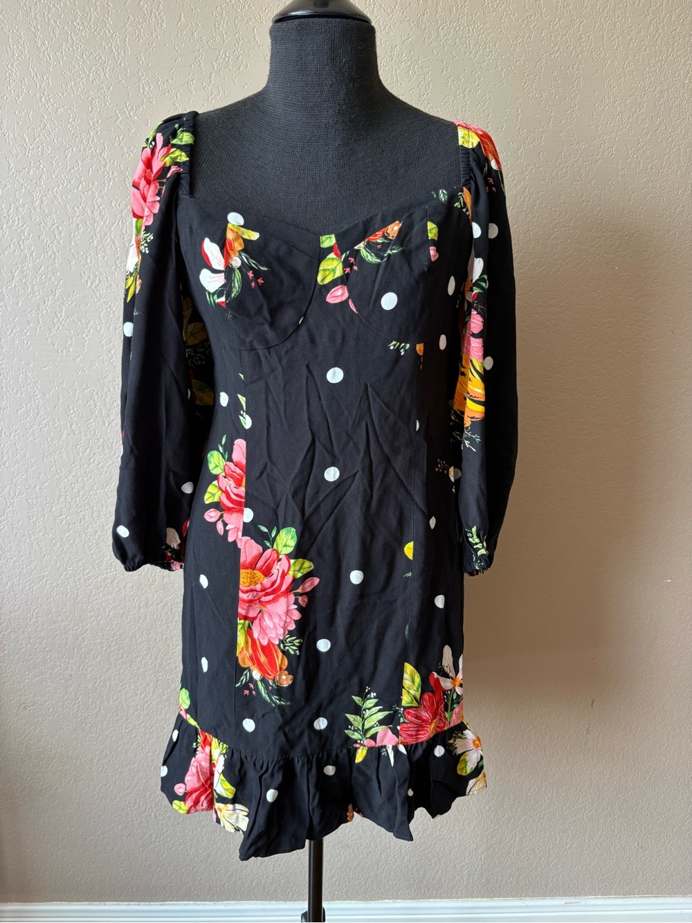 Farm Rio Dress Womens Small Black Floral Polka Dot Puff Sleeve Ruffle Hem